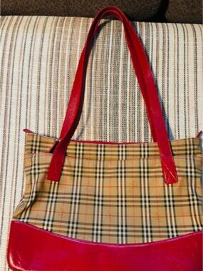Burberry Plaid Satchel with Red Leather Trim